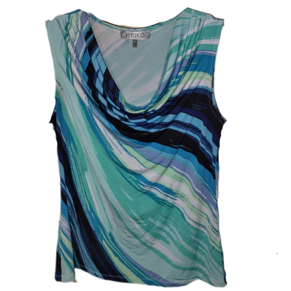 Sleeveless Turquoise Blue & Black & White Stretch Swirl Color Top